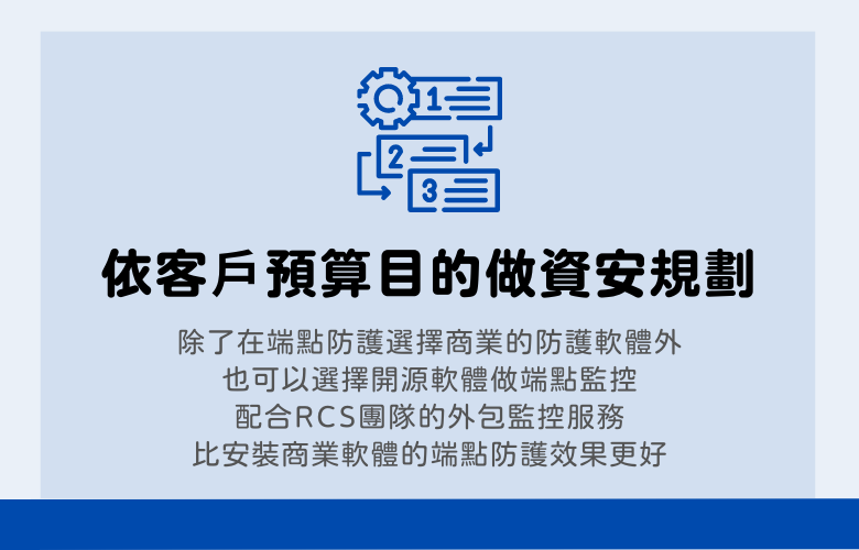 依客戶預算目的做資安規劃，除了在端點防護選擇商業的防護軟體外也可以選擇開源軟體做端點監控
，配合RCS隊的外包監控服務比安裝商業軟體的端點防護效果更好